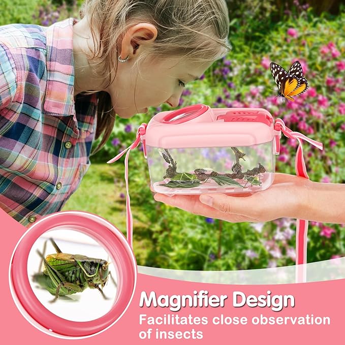 2Sets Bug Catcher for Kids- Sturdy Kids Bug Catching Kit Gifts with Collector Butterfly Net Tweezer, Bugs Habitat Outdoor Explorer Kit for Age 3 4 5 6 7 8, 8Pcs, Pink-CubbioJoy