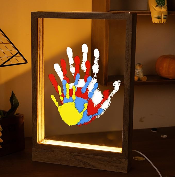 CHERRY CHEERS Family Handprint Kit with Light, Handprint Keepsake Frame, Wooden Led Light, Easy Install, No Need Screw etc, Non-Toxic Paints (Brown)-CubbioJoy