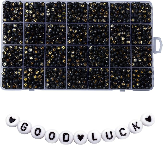 1400pcs Letter Beads, 4x7 mm Acrylic Alphabet Beads, Beads for Jewelry and Bracelet Making, in 28 Grid Box (Black and Gold)-CubbioJoy