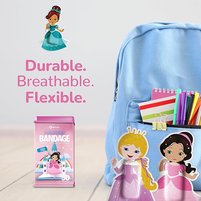 BioSwiss Bandages, Princess Shaped Self Adhesive Bandage, Latex Free Sterile Wound Care, Fun First Aid Kit Supplies for Kids, 50 Count-CubbioJoy