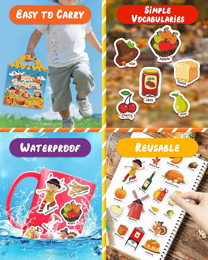 Benresive Reusable Sticker Book for Toddlers 2-4 Years, Fun Travel Stickers for Kids, Waterproof Sticker Books for Toddlers 1-3, Crafts Activities for Todddlers 1-3 2-4 3-5 - Thanksgiving-CubbioJoy