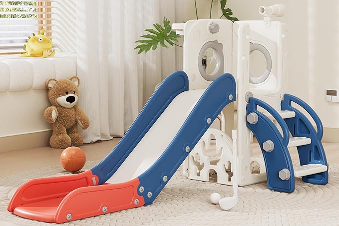 67i Toddler Slide for Kids - Foldable Indoor/Outdoor Plastic Slide with Basketball Hoop, Anti-Slip Steps, Safe & Durable Playground Equipment for 1-3 Years (Red Blue)-CubbioJoy