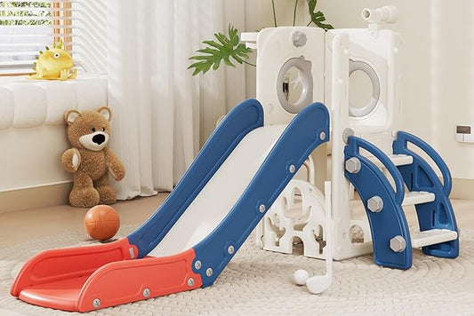 67i Toddler Slide for Kids - Foldable Indoor/Outdoor Plastic Slide with Basketball Hoop, Anti-Slip Steps, Safe & Durable Playground Equipment for 1-3 Years (Red Blue)-CubbioJoy