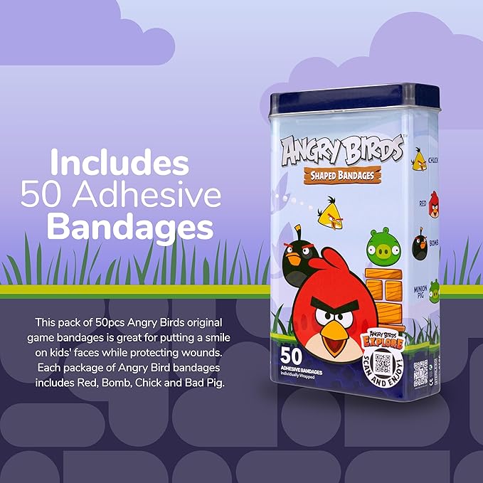 BioSwiss Bandages, Angry Birds Game Shaped Self Adhesive Bandage, Latex Free Sterile Wound Care, Standard Shape for Kids and Adults, 50 Count-CubbioJoy