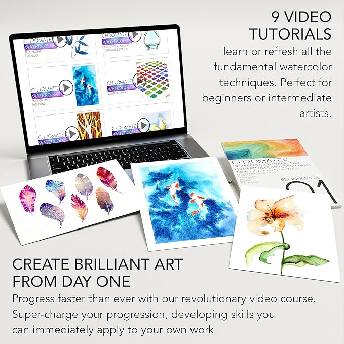 CHROMATEK Watercolor Paint Set, 84 Piece Kit, Video Tutorial Course, 48 Tubes, from Beginner to Intermediate & Professional Artists, Paper, 8 Brushes, Palette, Aquapen, Masking Tape, 12ml Tubes-CubbioJoy