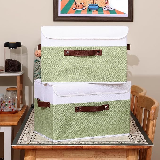 ANMINY 2PCS Storage Boxes with Lid Washable Decorative Storage Bins Basket with PU Leather Handle Foldable Linen Fabric Storage Cubes Containers for Home Closet Organizer - Green White, Large Size-CubbioJoy
