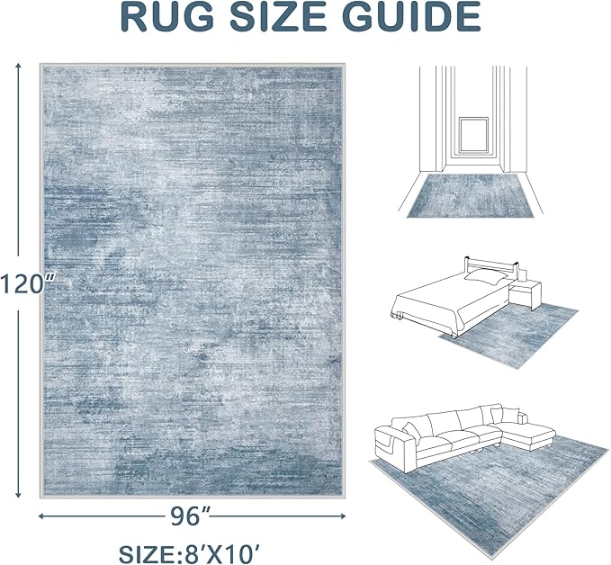 Area Rugs 8x10 Living Room: Washable Rug Modern Abstract Large Rugs Soft Non Slip Neutral Rug Stain Resistant Indoor Carpet for Bedroom Kitchen Dining Room Table Nursery Home Office Rugs(Blue,8'x10')-CubbioJoy