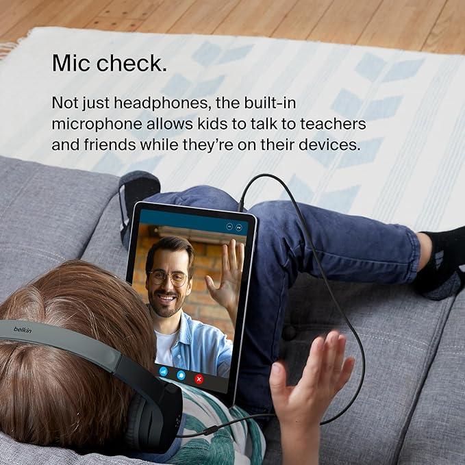 Belkin SoundForm Mini Kids Wired Headphones with Built-in Microphone & Fun Stickers, 85dB Safe Volume Limit – for Online Learning, Travel, Compatible w/iPhone 15, iPad, Galaxy S23, & More - Blue-CubbioJoy