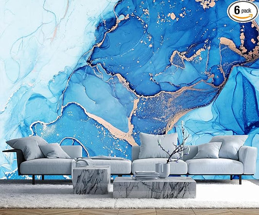 Blue Marble Wallpaper Abstract Gold Art Mural Wallpaper for Living Room Bedroom Dining Room Basement(Not Self-Adhesive)-CubbioJoy