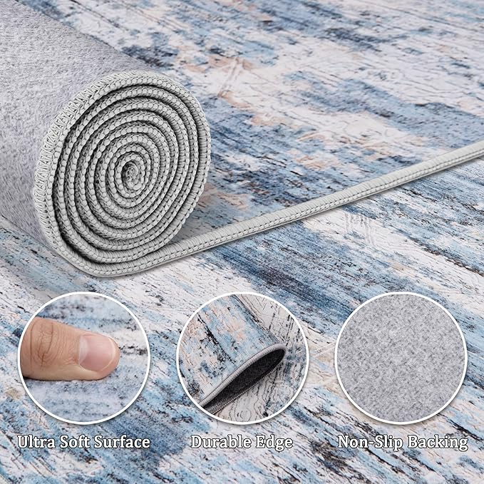 6x9 Area Rug Living Room Rugs - Washable Rug Large Modern Abstract Soft Thin Carpets Indoor Floor No Slip Vintage Carpet for Bedroom Under Dining Table Nursery Home Office Decor Blue-CubbioJoy
