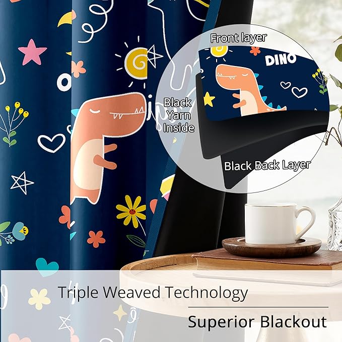 100% Blackout Curtains for Kids - Adorable Dinosaur & Unicorn Pattern, 2Panels, Each W52xL63, Thermal Insulated Noise-Reducing Drapes for Nursery, Bedroom, Playroom - Fun & Colorful Design-CubbioJoy
