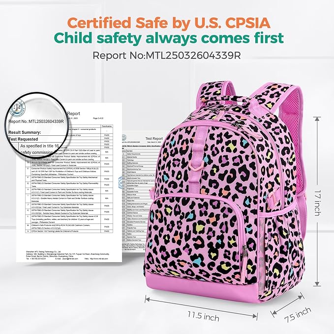 Choco Mocha Cheetah Backpack for Girls, Elementary School Backpack for Girls Ages 6-8 Kids Kindergarten Backpack Bookbag 17 Inch with Chest Strap, Pink Purple-CubbioJoy