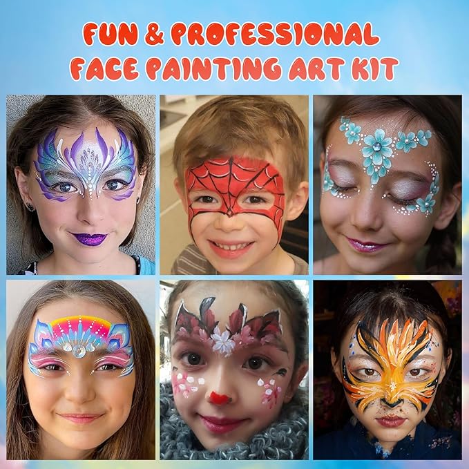 42 Color Face Paint Kit for Kids – Non-toxic Water-Based Makeup Palette with Stencils, Brushes & Gems – Face Painting Kit for Kids Ideal for Halloween, Parties, Festivals, Body Art & More-CubbioJoy
