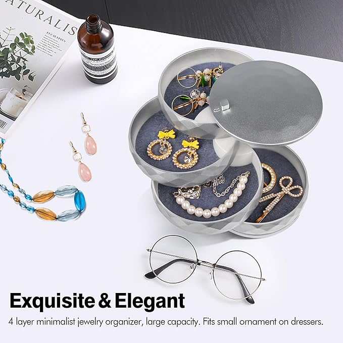 CONBOLA Travel Jewelry Case Box, Small Jewelry Organizer Earring Holder for Women, 5-Layer Rotating Jewelry Storage Tray with Lid for Bracelets Rings Bracelets-CubbioJoy