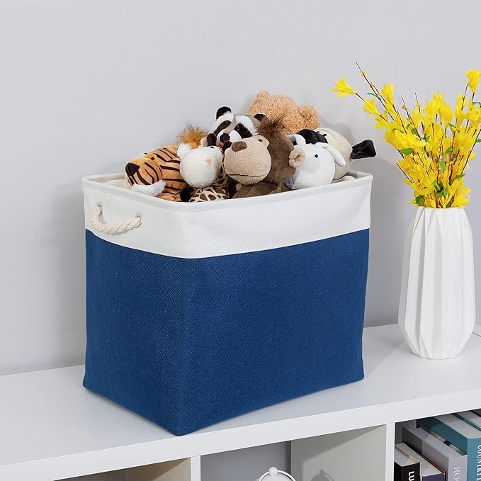 Bidtakay Large Canvas Organization Bins Set of 2 Navy Blue Rectangular Baskets 17x12x15 in for Blankets, Clothes, Towels, Dog Toys Storage-CubbioJoy