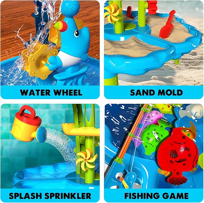 CozyBomB™ Water Table for Toddlers 3-5 | Outdoor Toys Water Play Table, Magnetic Fishing Toy Game, Summer Splash Pond Showers Sand Activity, Sensory Party Birthday Gift Kids Ages 4-8 9-12 (2-Tiers)-CubbioJoy
