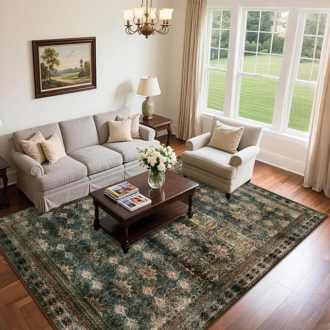 5x7 Washable Area Rug for Living Room Rustic, Non Slip Vintage Floral Bedroom Rugs Retro, Traditional Indoor Floor Carpet for Dining Room, Farmhouse, Office Classroom(Dark Green/Brown/Multi)-CubbioJoy