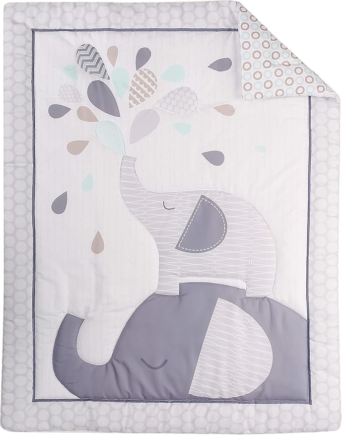 6 PCs Grey White Elephant Nursery Crib Bedding Set Quilt, Fitted Sheet, Skirt, Window Valance, Blanket, Diaper Organizer Baby Boy Elephant Theme Cot Bedding Set-CubbioJoy