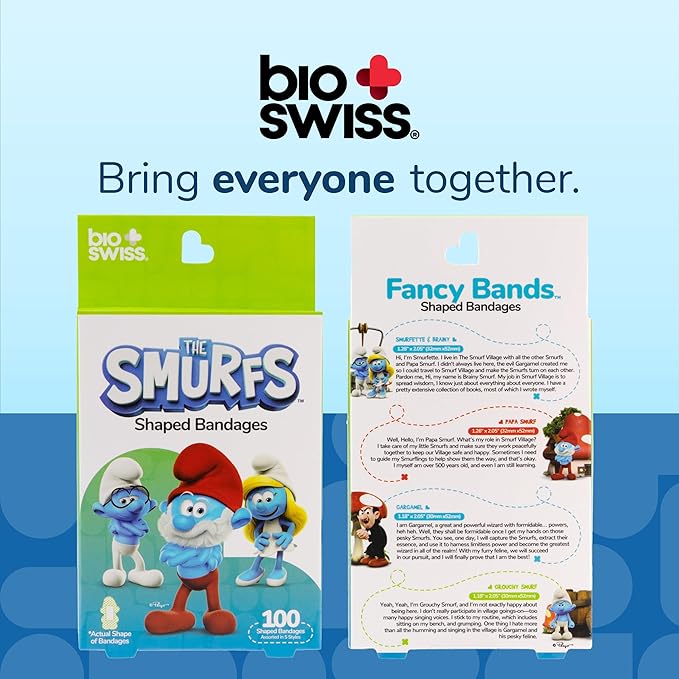 BioSwiss Bandages, The Smurfs Shaped Self Adhesive Bandage, Latex Free Sterile Wound Care, Fun First Aid Kit Supplies for Kids and Adults, 100 Count Box-CubbioJoy