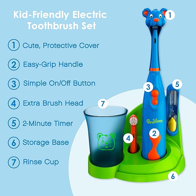 Brusheez Kids’ Electric Toothbrush Set - Safe & Effective for Ages 3+ - Parent Tested & Approved with Gentle Bristles, 2 Brush Heads, Rinse Cup, 2-Minute Timer, & Storage Base (Buddy The Bear)-CubbioJoy