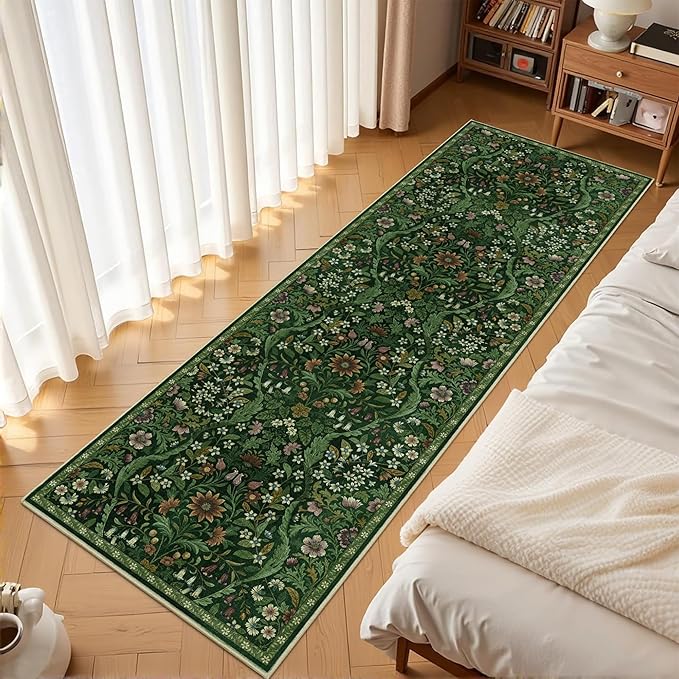 2x6 Washable Runner Rug,Dark Green Floral Boho Area Rug for Hallway,Low-Pile Non-Slip Stain Resistant Carpet for Kitchen, Bedside,Laundry Room,Entryway-CubbioJoy