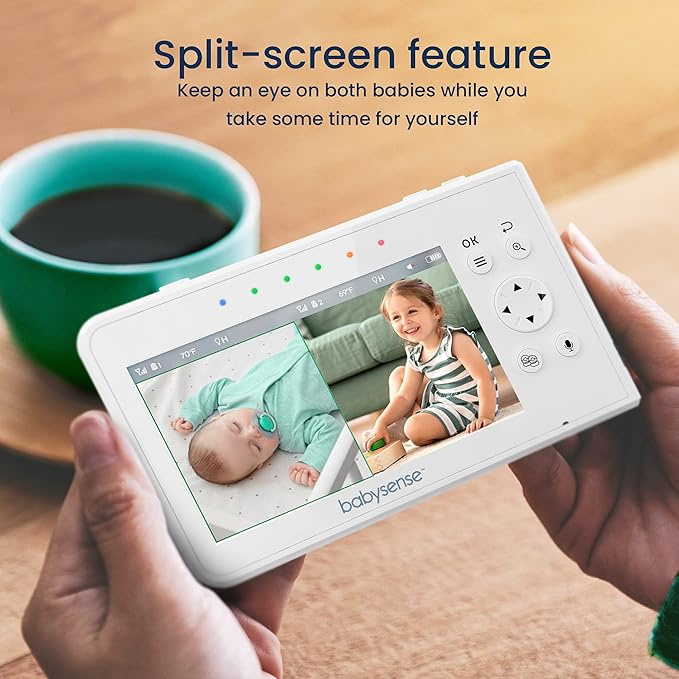 Babysense Baby Monitor with 2 Cameras and Audio 4.3", Non Wifi Baby Monitor, Dual Split Screen, Portable Double Sleep Video Monitoring, Auto Night Vision & Light, Lullabies & White Noise Two-Way Audio-CubbioJoy
