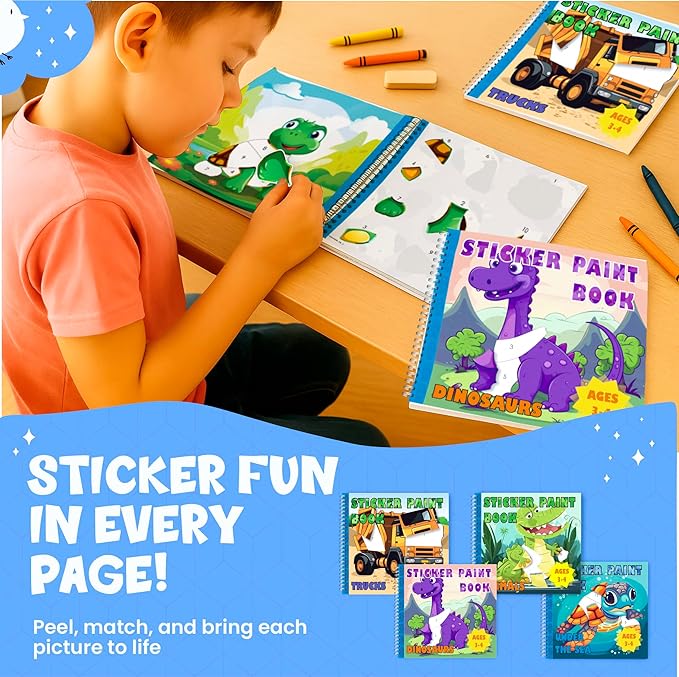 BulbaCraft 4Pcs Sticker Paint Books for Boys - Sticker Books by Number with Dinosaurs, Trucks, Animals and Under The Sea - Coloring Activity for Kids-CubbioJoy