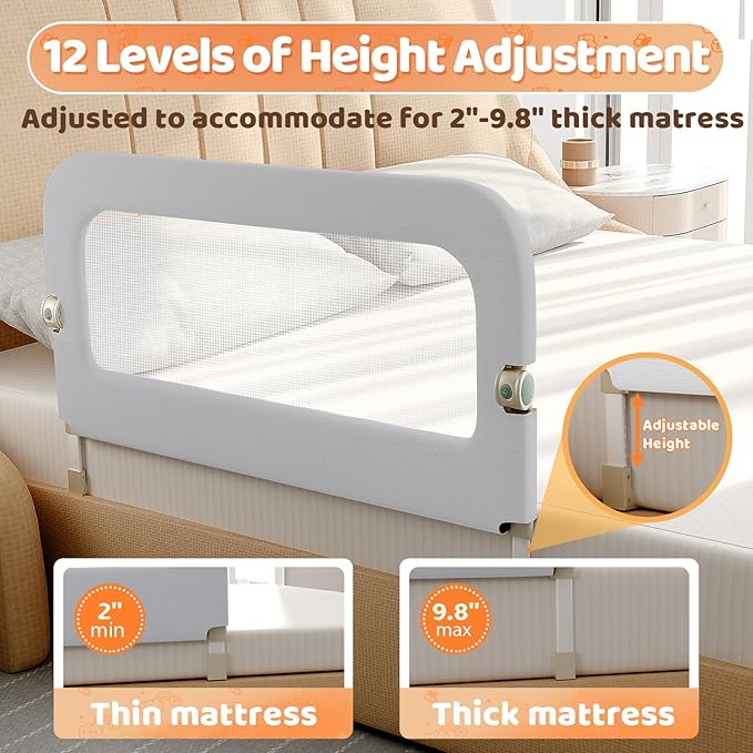 Bed Guard Rail for Toddlers - 47inch Foldable & Adjustable Height Baby Bed Safety Side Rails - Large Toddler Crib Railing Guard for Twin, Bunk, Full Size, Queen & King, Full Size Bed Grey-CubbioJoy
