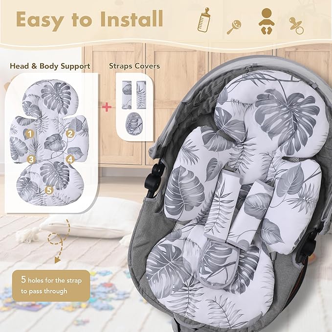 Infant Car Seat Insert, 2-in-1 Head & Body Carseat Support for Baby Newborn Toddler with Strap Covers, Reversible Ultra-Soft Cushion for Baby Carseat, Stroller, Swing & Bouncer-CubbioJoy