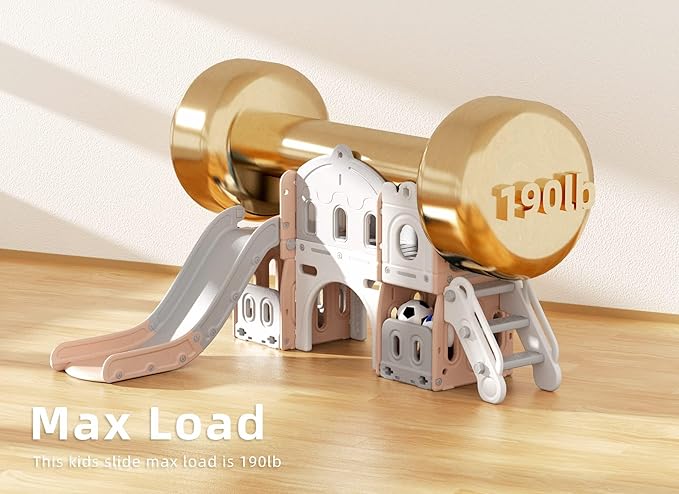 8 in 1 Toddler Slide, Kids Climber Slide with Storage Space and Non-Slip Steps, Indoor Outdoor Playset with Basketball Hoop and Telescope, Slide for Toddlers Age 1-3, Pink White-CubbioJoy