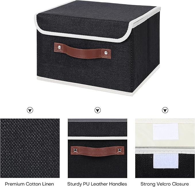 ANMINY 2PCS Storage Bins with Lid PU Leather Handles Storage Boxes PP Plastic Board Decorative Foldable Lidded Cotton Linen Fabric Home Cubes Baskets Closet Organizer Containers - Black, Large Size-CubbioJoy