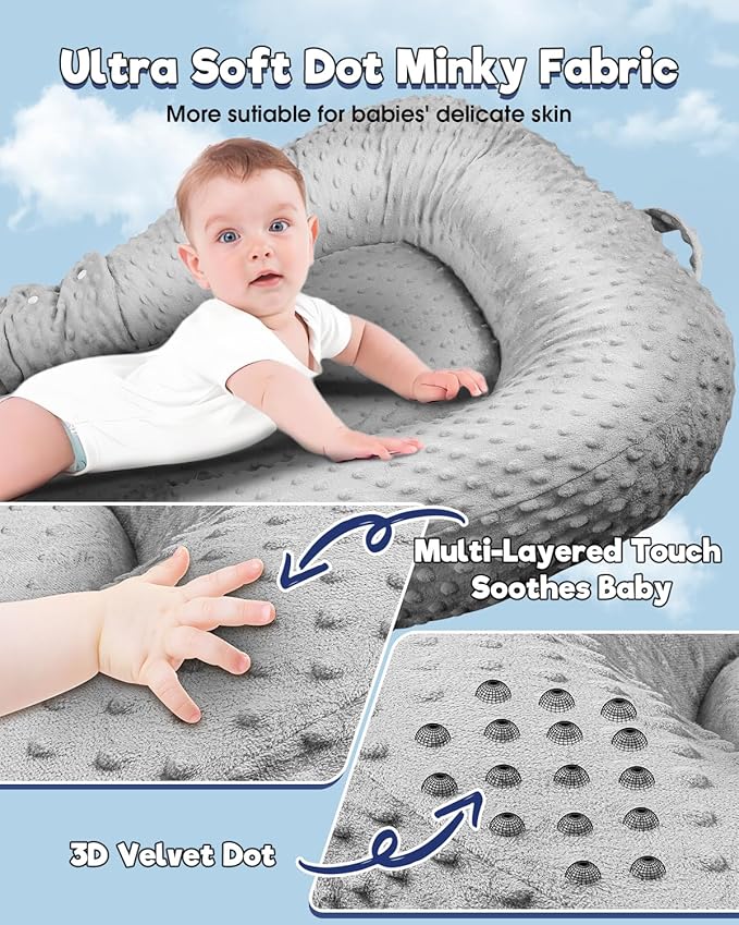 Baby Lounger Pillow : 3-in-1 Infant Lounger for Newborn 0-24 Months, Portable Tummy Time Mat for Home and Travel, Breathable & Soft Baby Seat for Baby, Babies Essentials Gifts, Grey-CubbioJoy