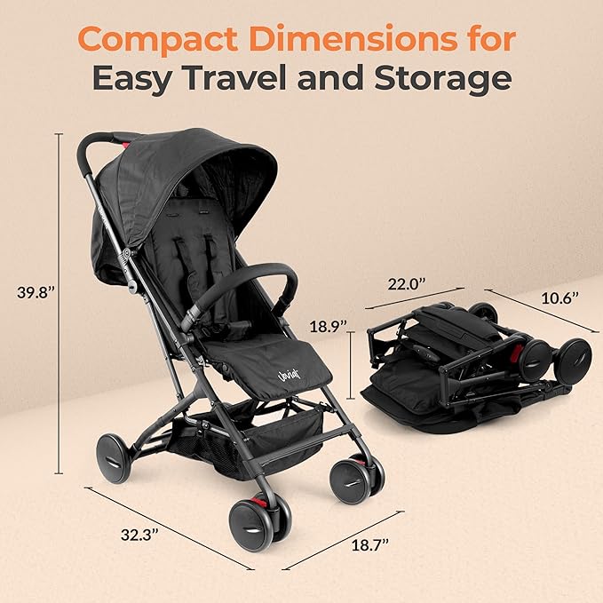 Jovial Lightweight Baby Stroller, Folding Travel Stroller with Reclining Seat, Canopy, 5-Point Safety Harness, Storage Basket, Smooth Wheels, Compact Portable Design (39.8" x 18.7" x 32.3")-CubbioJoy