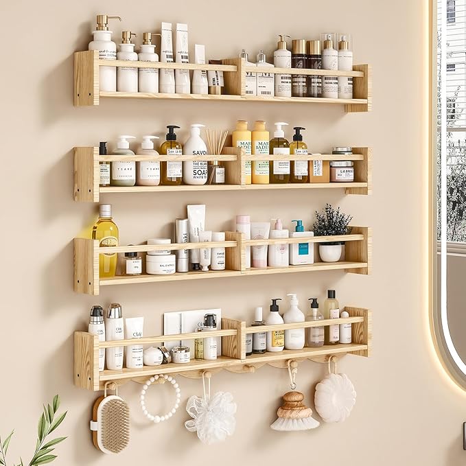 34Inch Nursery Bookshelves,Set of 4,Wall Floating Shelf Kids Coat Rack with 6Hooks,Hanging Book Shelf for Baby Nursery Room Décor， Patent Number: 29958098(Burlywood, 34)-CubbioJoy