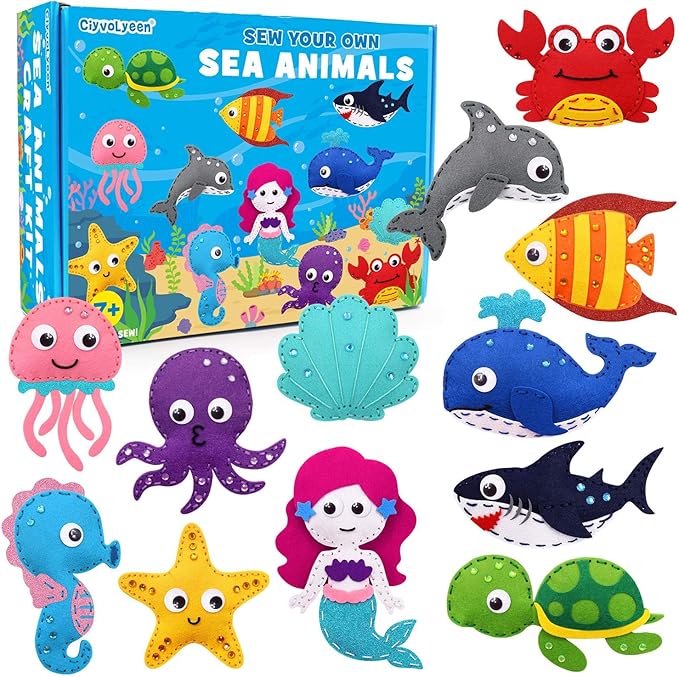 CiyvoLyeen Sea Animals Sewing Kit Mermaid DIY Felt Plush Craft Kit Make Your Own Ocean Animals Gifts for Beginner Boys and Girls Educational Kids Art Craft Supplies Set of 12-CubbioJoy