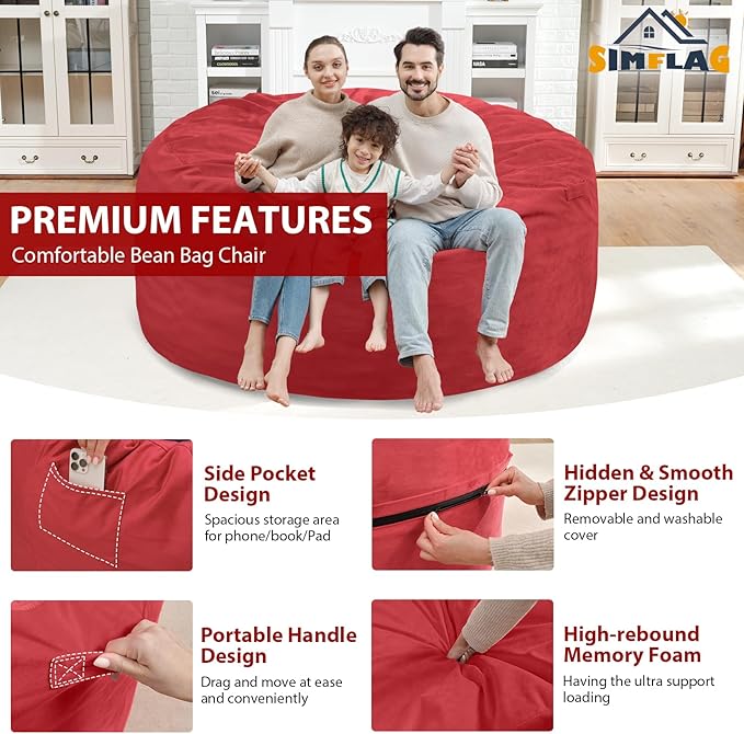 5FT Bean Bag Chair, Large Bean Bag Chairs with Memory Foam Filled, Fluffy Beanbag Sofa with Dutch Velvet Cover, Round BeanBag Chairs for Living Room, Playroom - Red-CubbioJoy