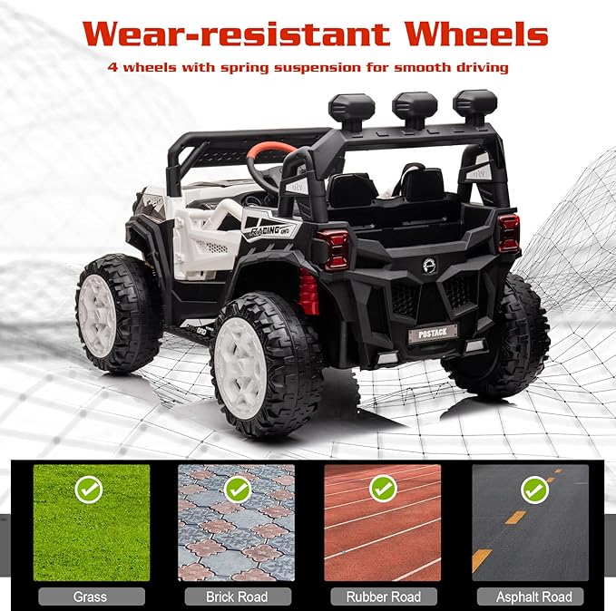 24V Ride On Car for Kids, 4x4 Kids Electric Car with Remote Control Off Road, Children Car with Bluetooth 3 Speeds LED Lights Storage Trunk,White-CubbioJoy