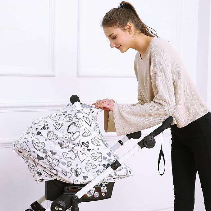 Baby Car Seat Covers, Carseat Canopy, Boys Girls Privacy Breastfeeding Cover (Grey Heart)-CubbioJoy