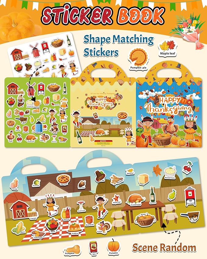 Benresive Reusable Sticker Book for Toddlers 2-4 Years, Fun Travel Stickers for Kids, Waterproof Sticker Books for Toddlers 1-3, Crafts Activities for Todddlers 1-3 2-4 3-5 - Thanksgiving-CubbioJoy