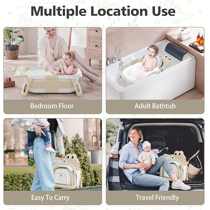 Collapsible Baby Bathtub for Newborn, Foldable Baby Bath Tub with Thermometer & Soft Floating Cushion & Drain Hole, Portable Travel Infant Bath Tubs for Newborns to Toddlers 0-36 Months Boys, Beige-CubbioJoy