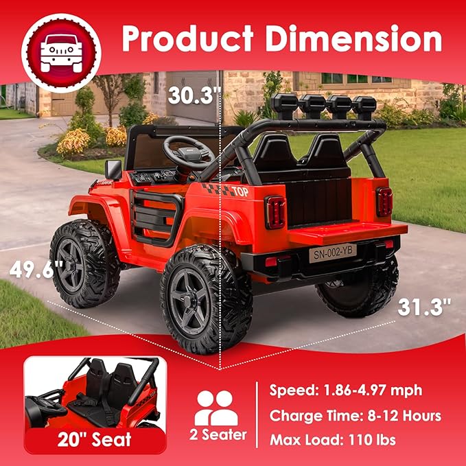 24V 2 Seater Ride On Truck with Remote Control 4WD Electric Car for Kids Ride On Car Battery Powered Ride On Toy Car with Music Player, LED Lights, Bluetooth, Rear Shock Absorber, Red-CubbioJoy