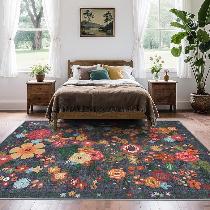 Area Rug Living Room Rugs: 6x9 Washable Rug Vintage Floral Soft Boho Non Slip Carpet Indoor Floor Non Shedding Low Pile Thin Carpets for Bedroom Dining Room Farmhouse Nursery Home Office Black-CubbioJoy