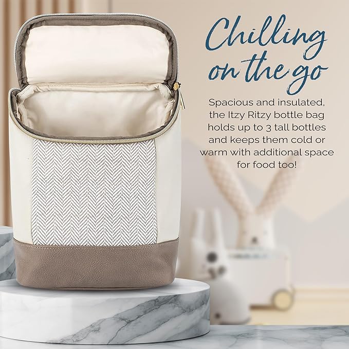 Itzy Ritzy Insulated Bottle Bag – Keeps Bottles Warm or Cool - Holds 3 Bottles & Features Interior Pocket for Ice Pack (Not Included), Vanilla Latte-CubbioJoy