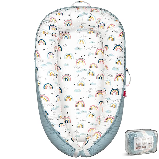 Baby Lounger - Baby Lounger for Newborn 0-24 Months, Breathable & Soft Baby Nest, Portable and Lightweight Lounger for Home and Travel, Ideal Newborn Babies Essentials (Blue-Rainbow)-CubbioJoy
