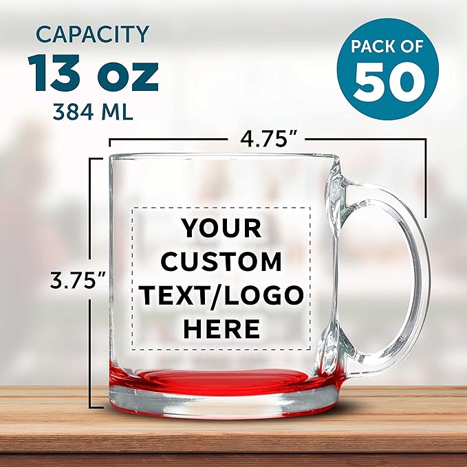 Custom Libbey Clear Glass Coffee Mugs 13 oz. Set of 50, Personalized Bulk Pack - Perfect for Coffee, Tea, Espresso, Hot Cocoa, Other Beverages - Red Bottom-CubbioJoy