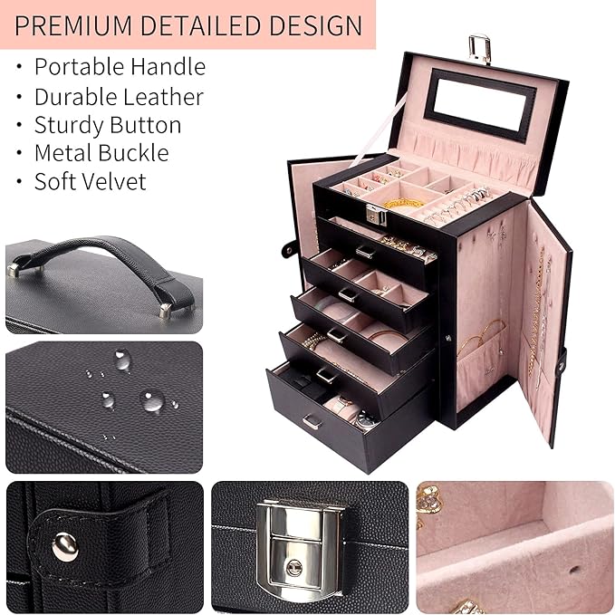 6 Tier Jewelry Box, Jewelry Case with 5 Drawers, Large Storage Capacity, with Mirror, Lockable, Jewelry Storage Organizer, Gift for Loved Ones-CubbioJoy