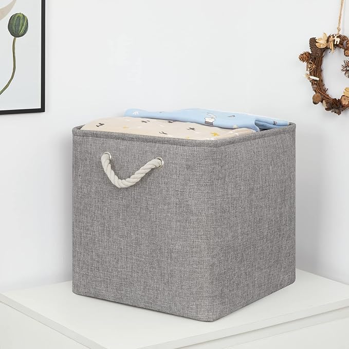 Bidtakay Grey Baskets Foldable Storage Cube Bins 13x13x13 Cube Storage Organizer Closet Set of 3 Fabric Storage Baskets for Home Office Large Baskets for Nursery Baby Toy Storage-CubbioJoy
