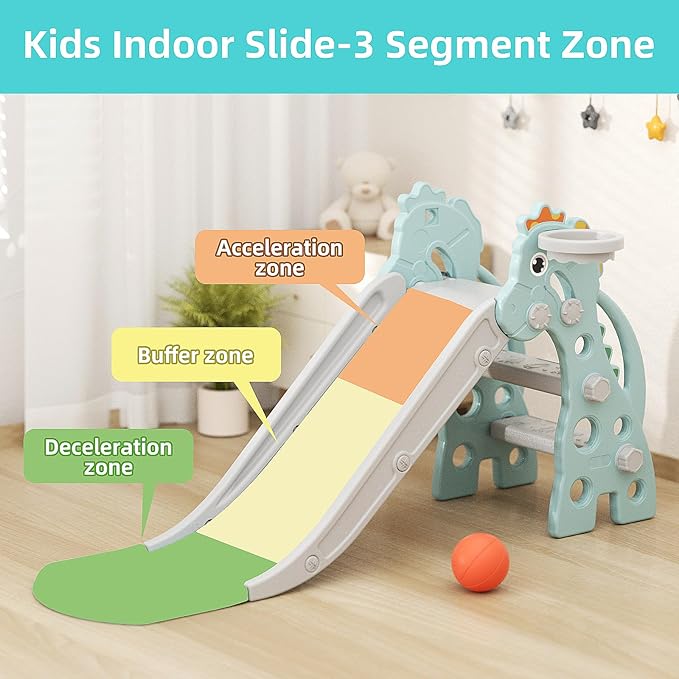 67i Toddler Slide for Indoor & Outdoor Play with Basketball Hoop, Anti-Slip Steps, 46.8in Baby Climber (Green)-CubbioJoy