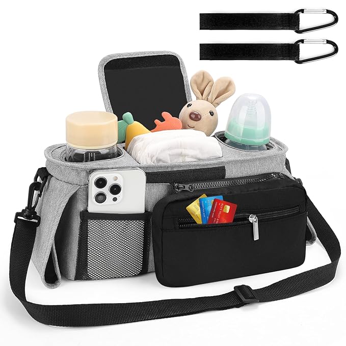 Accmor Universal Stroller Organizer with Insulated Cup Holder Detachable Phone Bag and Shoulder Strap,Stroller Bag Caddy Organizer Fits for Uppababy, Baby Jogger, Britax Strollers-CubbioJoy