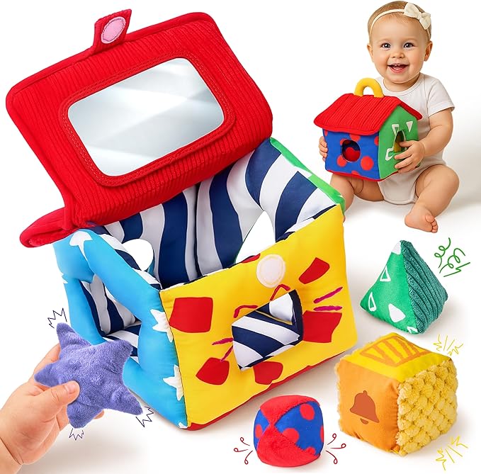 JoyCat Infant Toys 6-12 Months, Soft Sensory Toy with 4 Fabric Shapes, Baby Learning Shape Sorter for 3 4 5 6 7 8 9 10 11 12-18 Months, Baby Shower Birthday Gift Boy Girl-CubbioJoy
